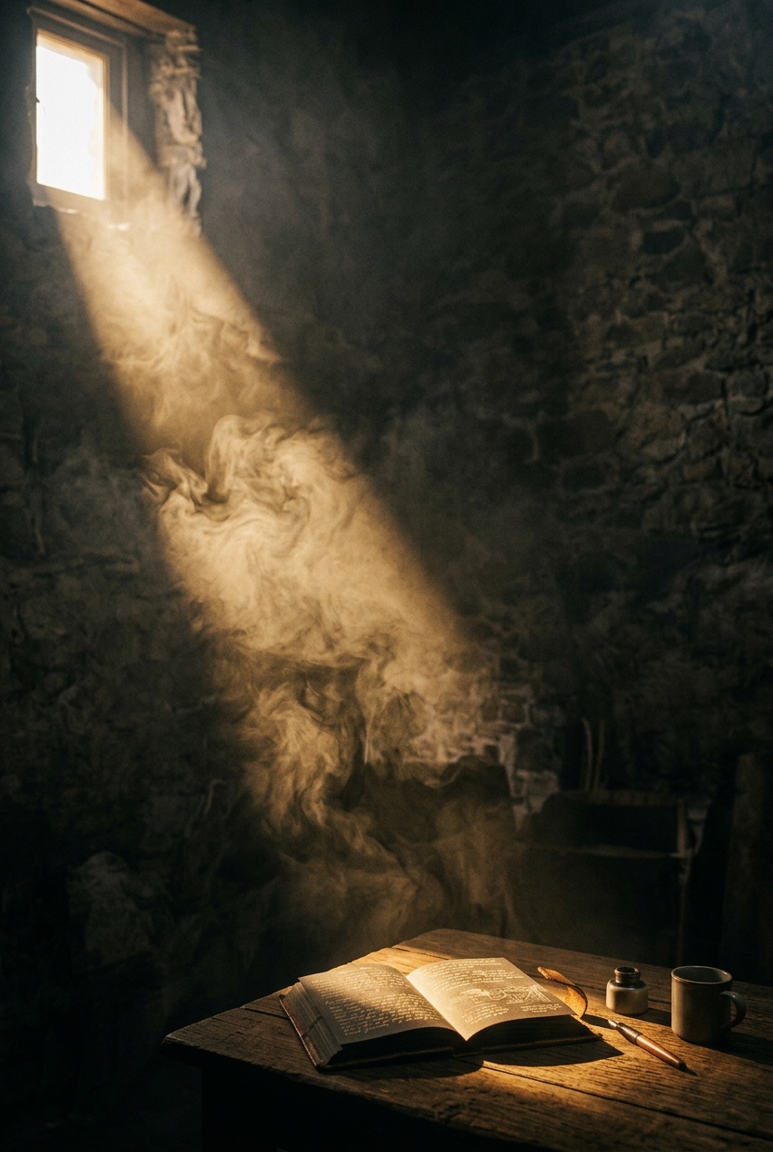 alt="Raggio di luce che attraversa la nebbia, simbolo della padronanza emotiva e della rinascita"
